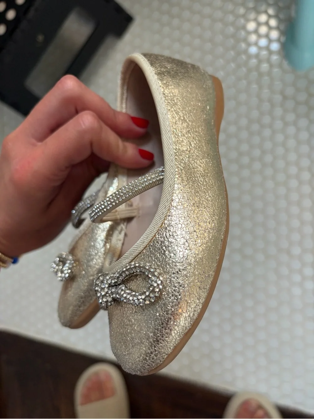 Nina Girls' Gold Glitter Mary Janes with Rhinestone Bow Accent Toddler 9